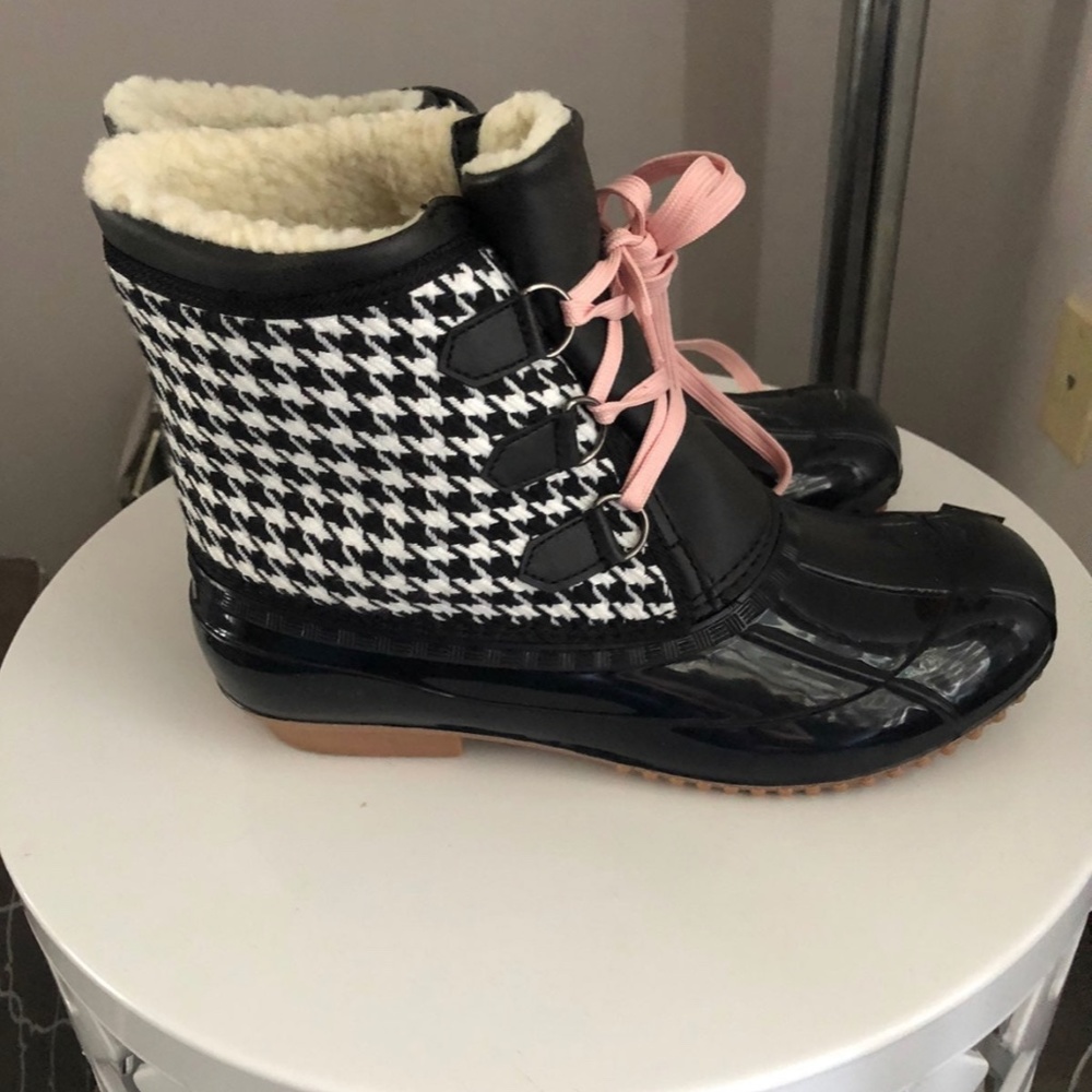Black and white plaid wet weather boots